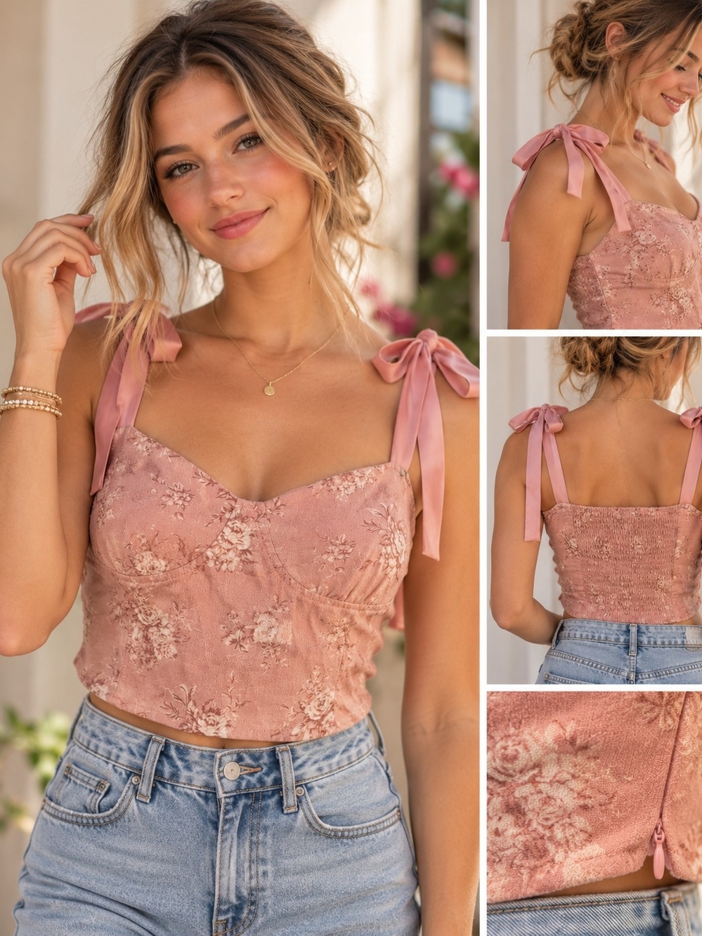 Forever 21 Pink Floral Tie Strap Corset Crop Top Size Medium Runs Small